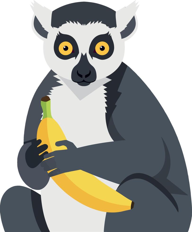 Lemur holding banana illustration with yellow and grey colors in portrait orientation vector