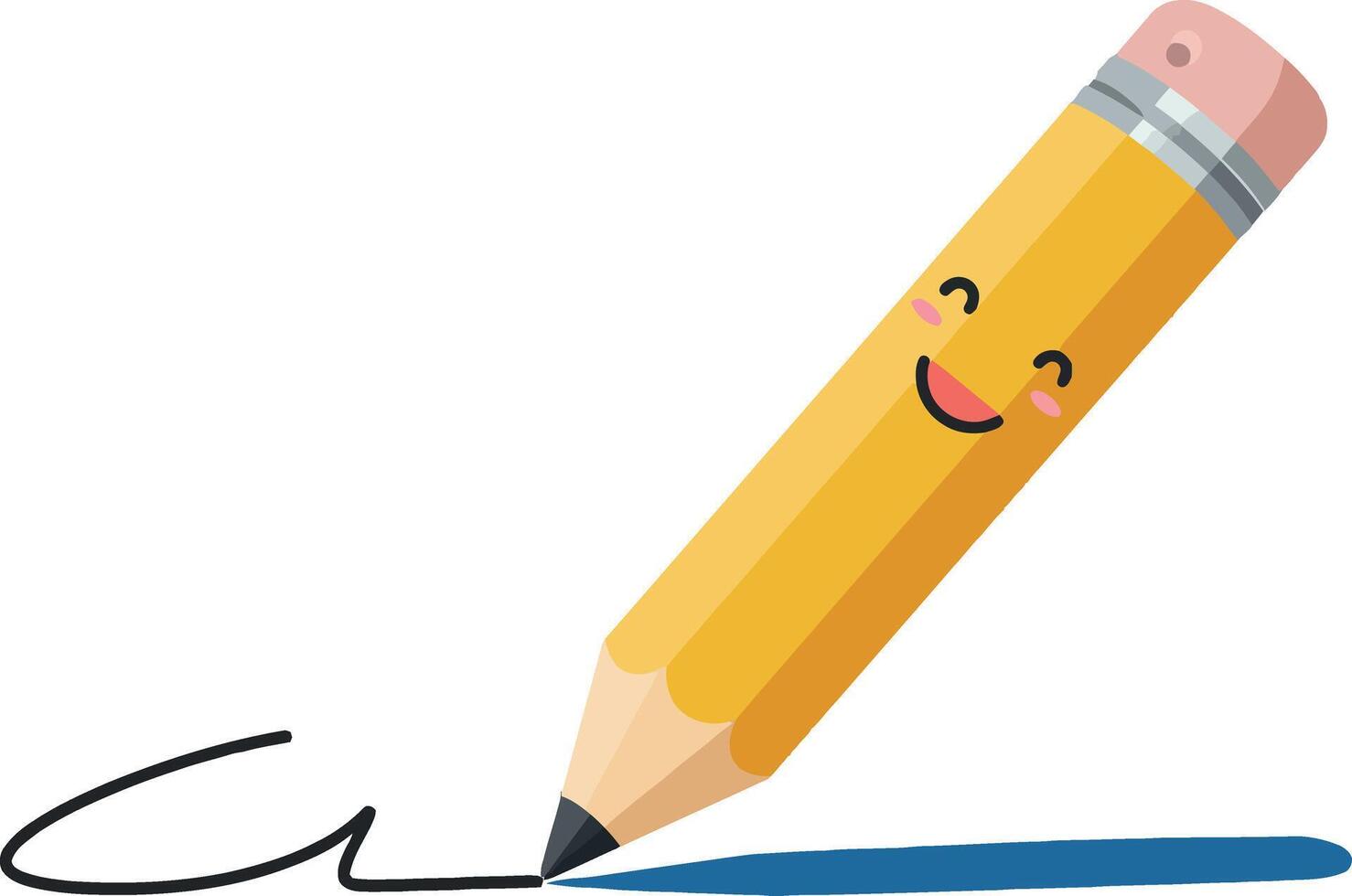 Happy yellow pencil drawing with eraser and blue shadow illustration vector