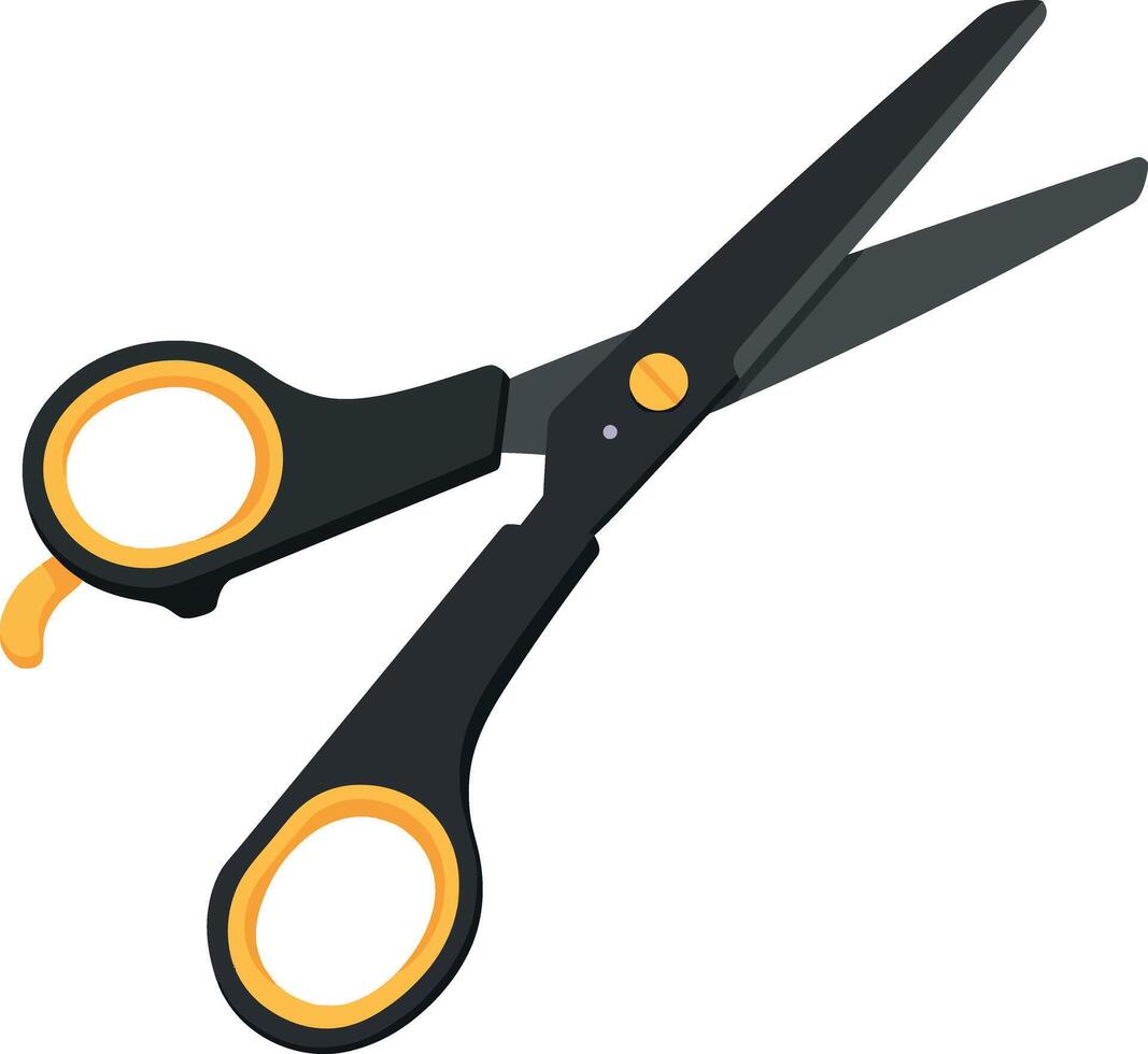Black and yellow scissors illustration with open blades and ergonomic handles vector