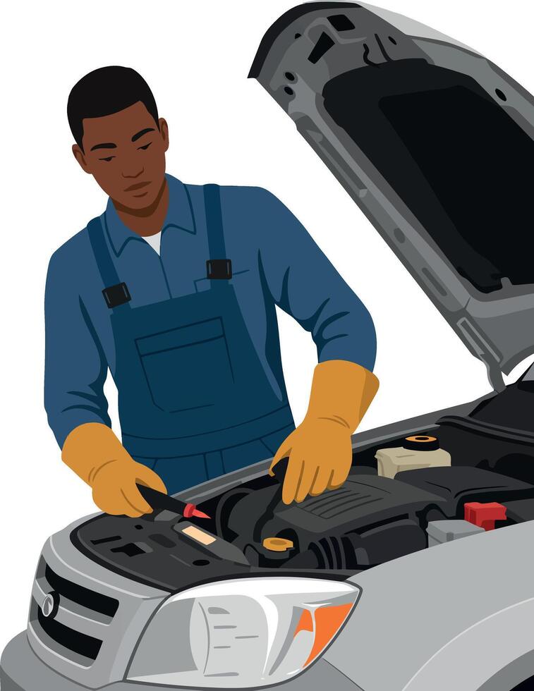 Car mechanic inspecting engine under open hood wearing blue overalls and yellow gloves illustration vector