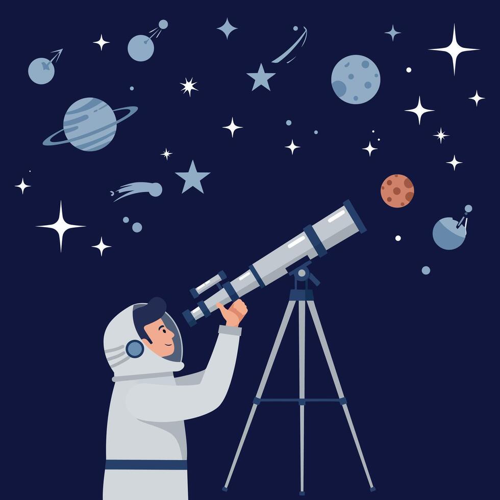 Child in astronaut suit looking through telescope at planets and stars in dark sky illustration vector