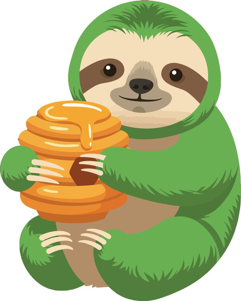 Cute green sloth holding honey pot illustration with happy expression vector
