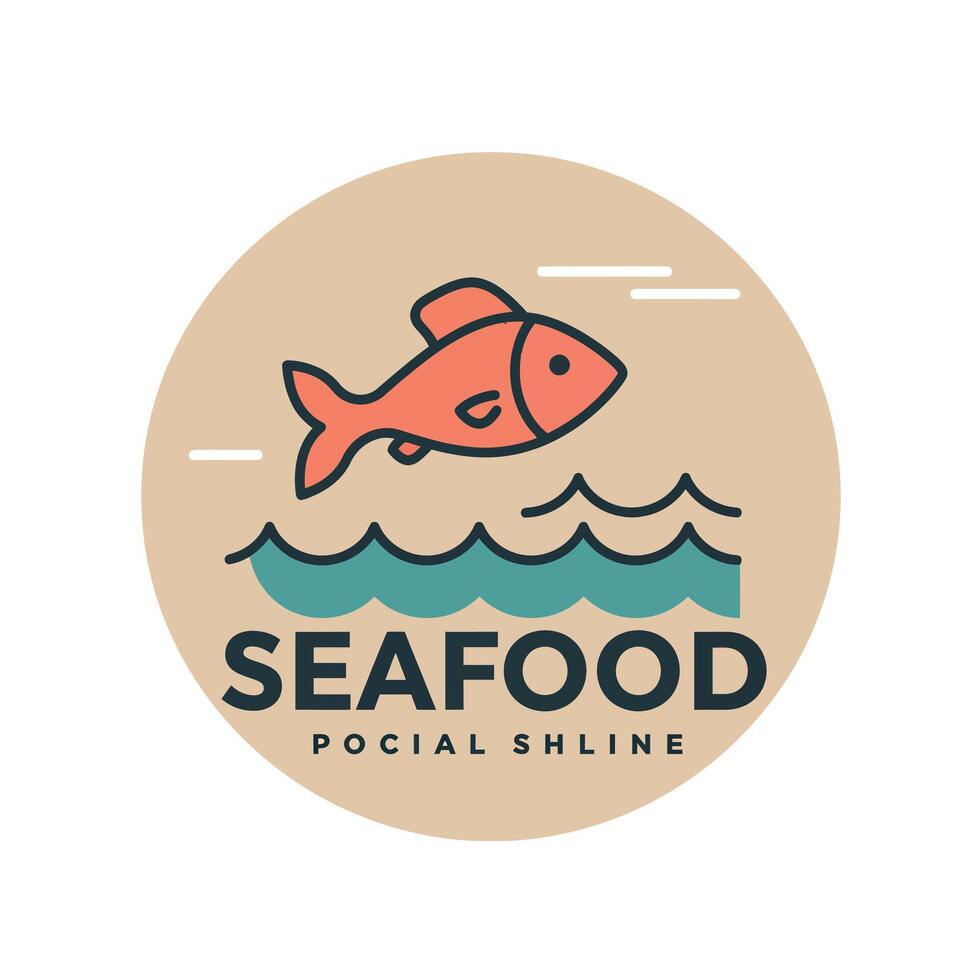 Seafood logo design with orange fish and stylized waves in circle background illustration vector