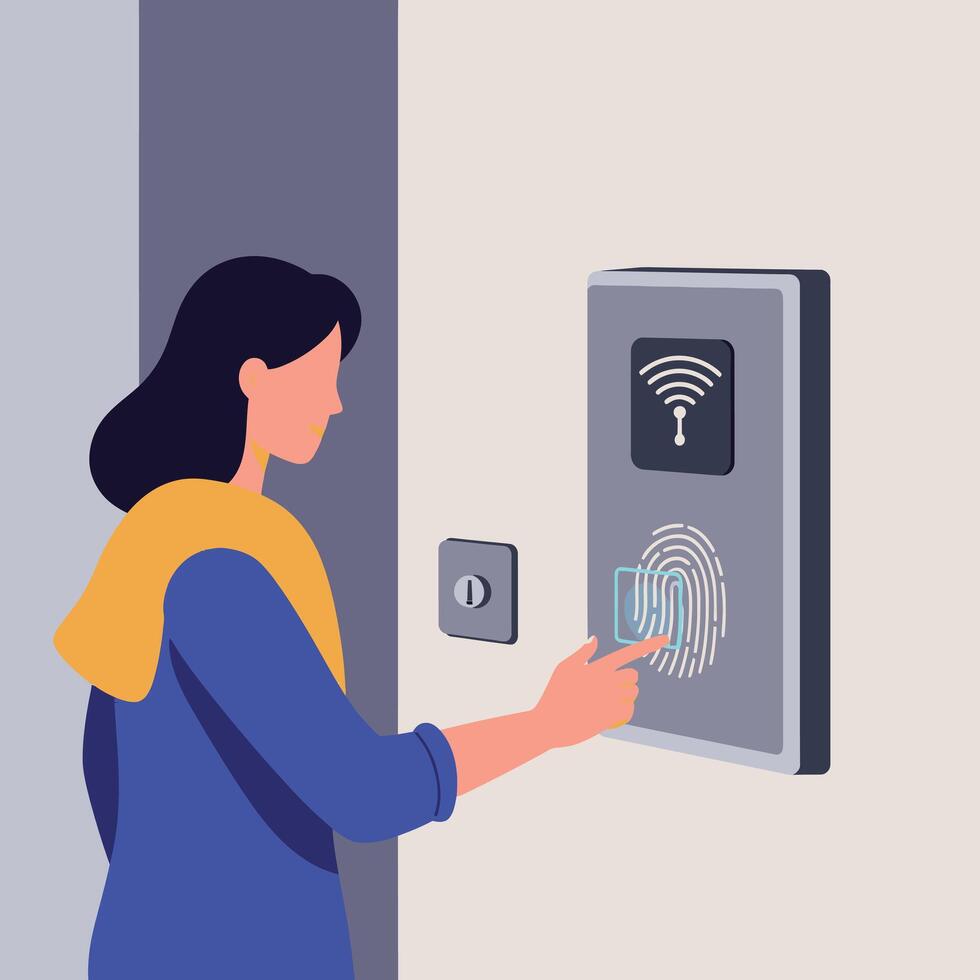 Woman using fingerprint scanner for security access in modern digital system illustration vector