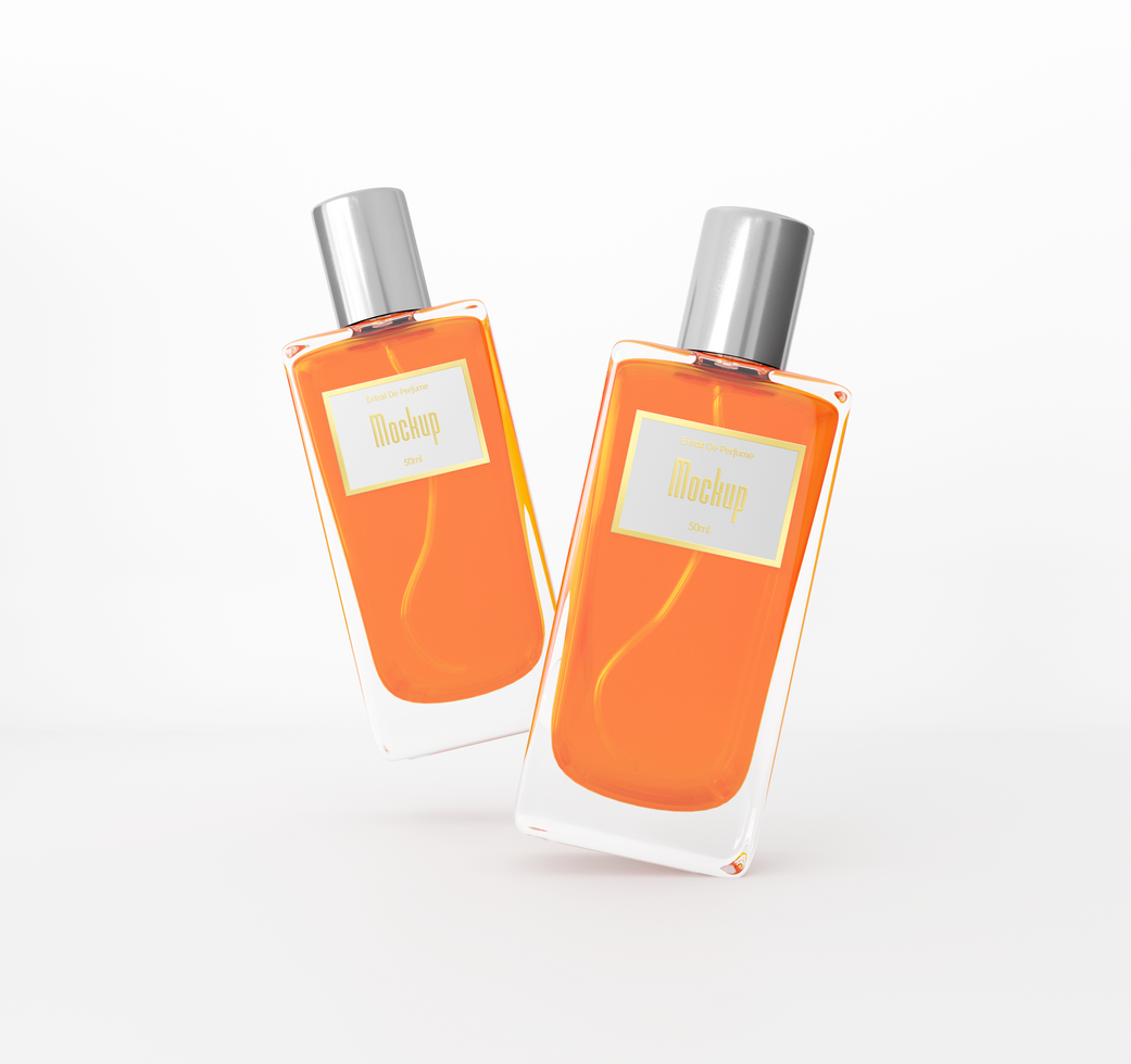 Realistic two rectangle parfume bottle with orange liquid mockup psd