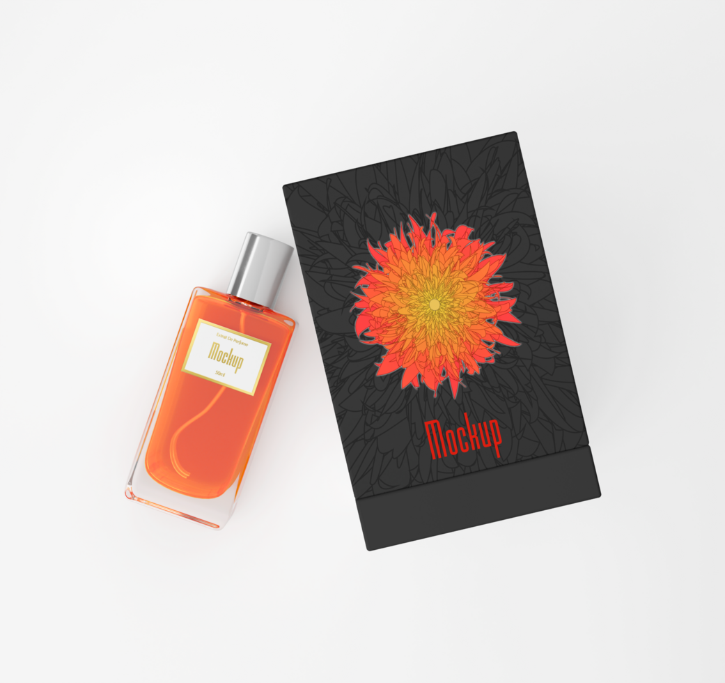 Realistic top view rectangle parfume bottle with box packaging and orange liquid mockup psd