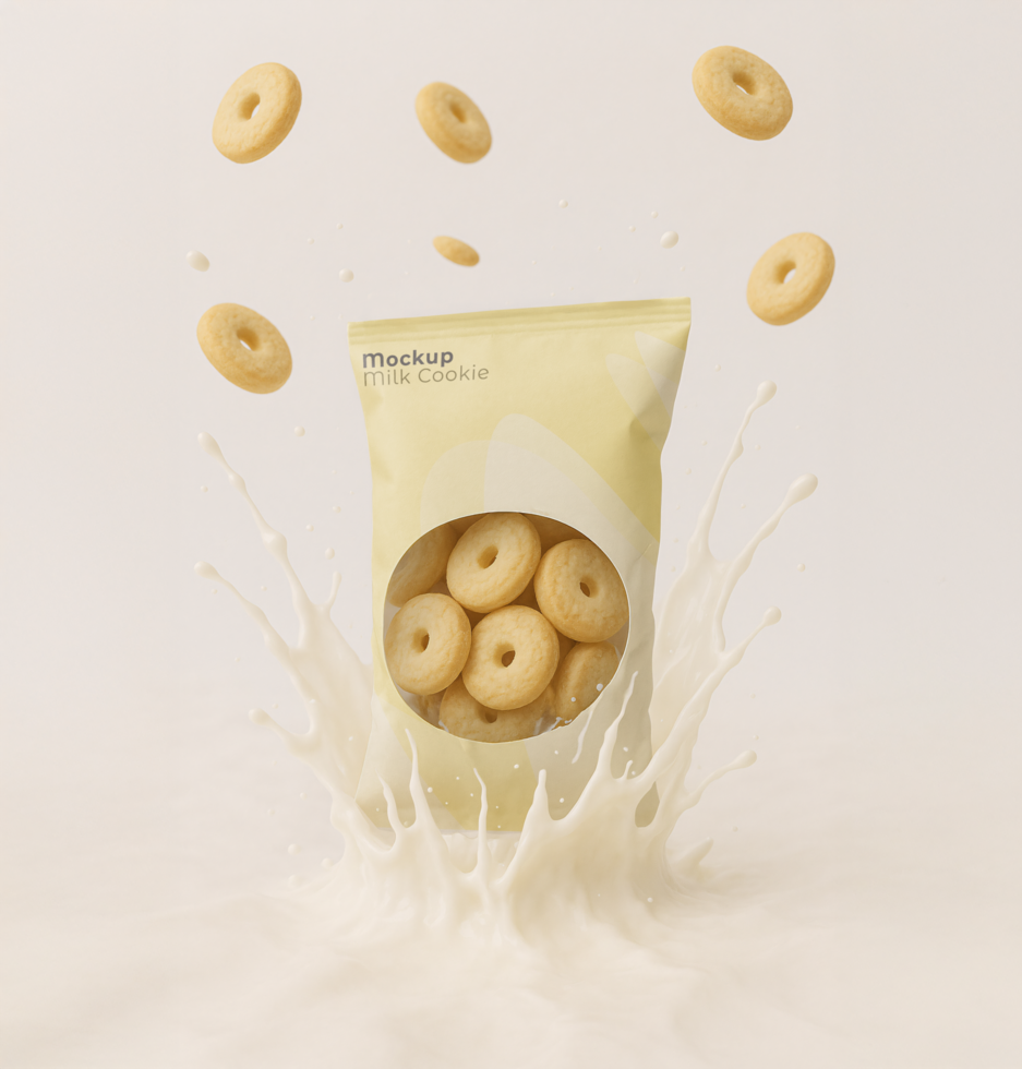 Cookie package mockup over milk and floating cookies psd