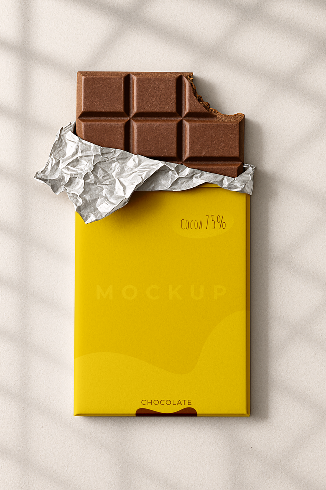 Chocolate bar packaging mockup with shadows psd