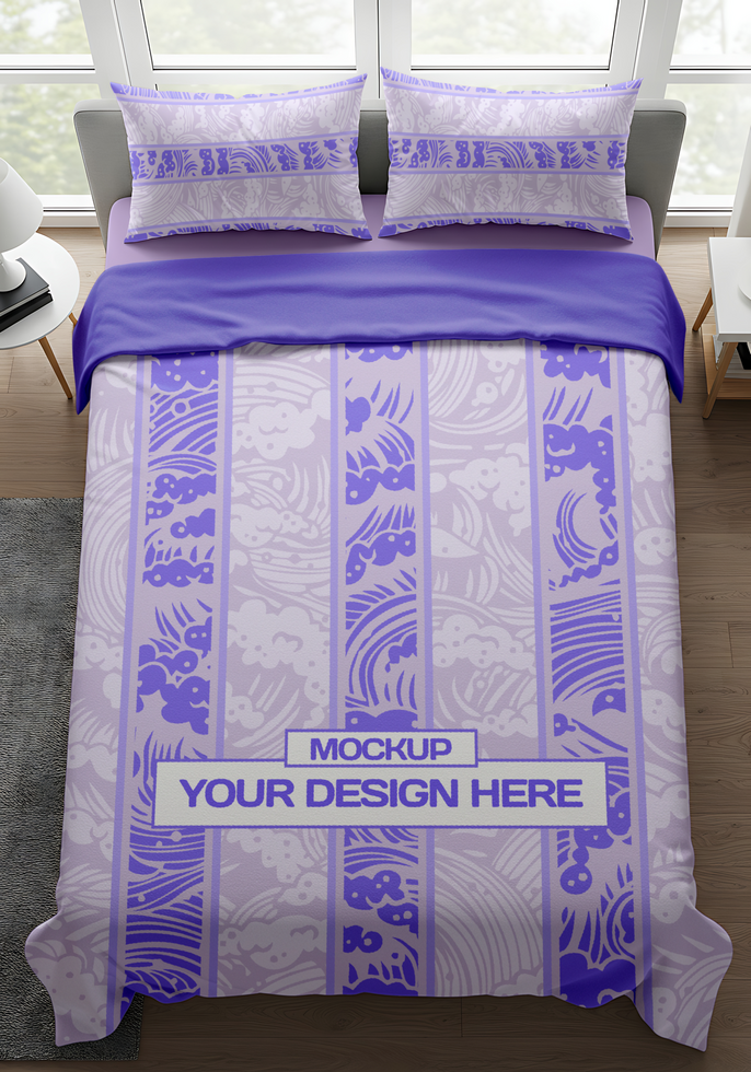bedspread mockup in bed from top view psd