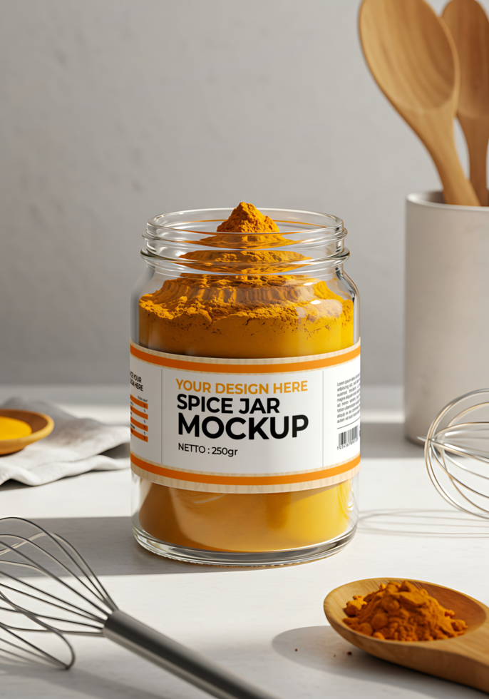 turmeric spice powder jar mockup with decoration psd