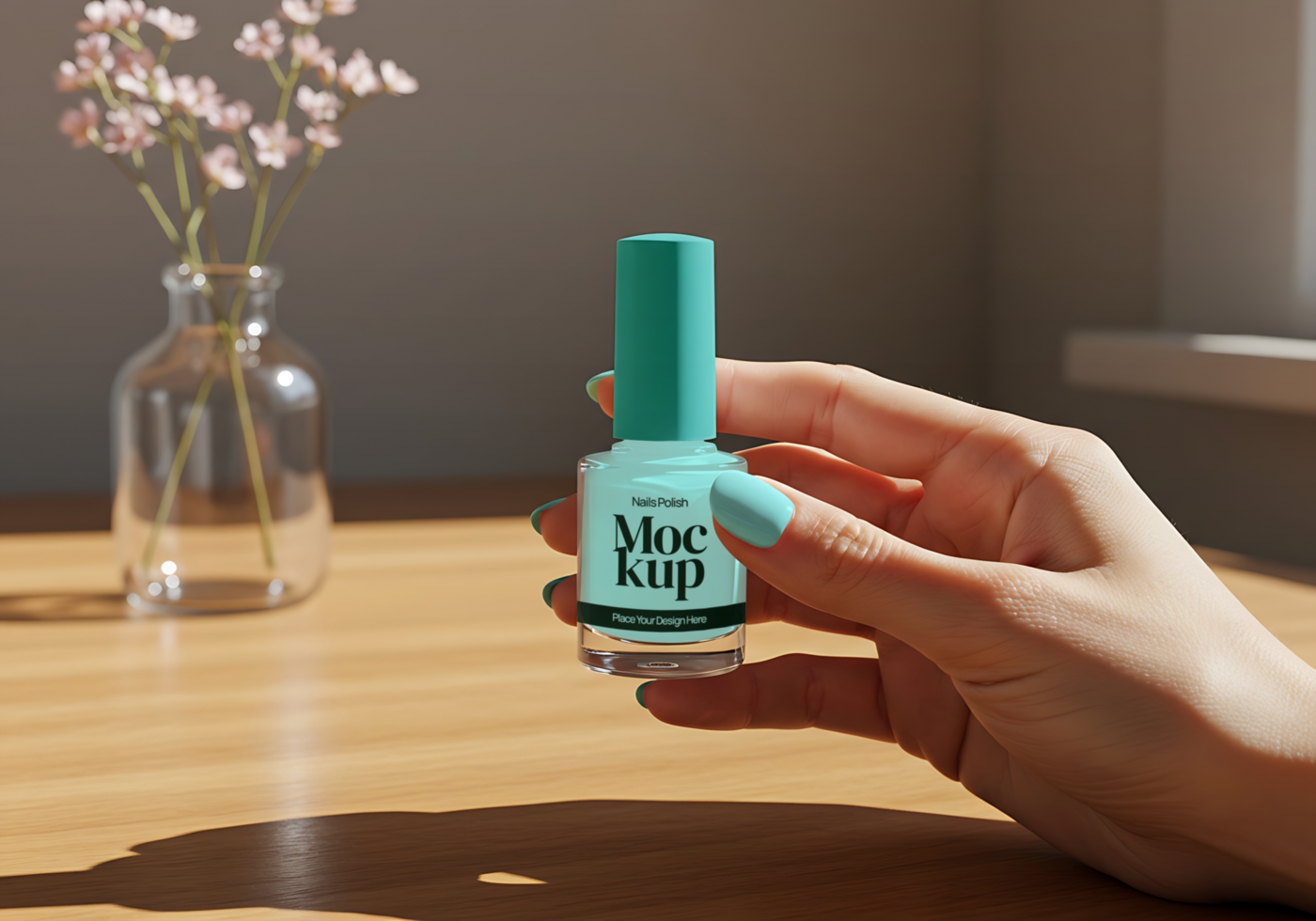 blue nail polish mockup with shadow background psd