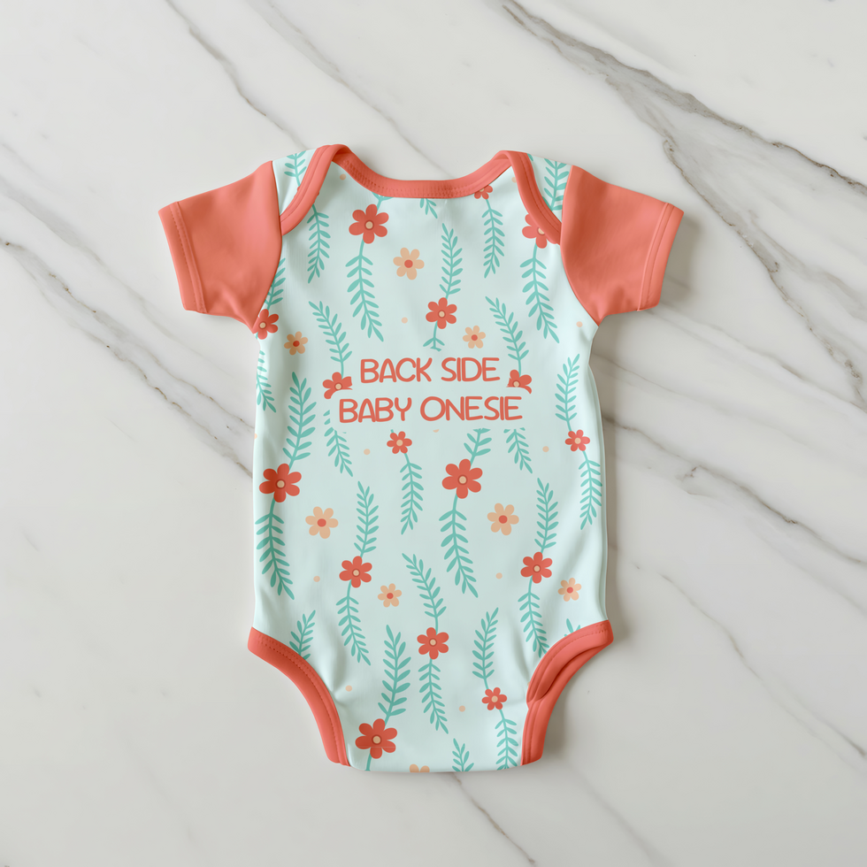 Baby Clothes Onsie back side mockup with marble background psd
