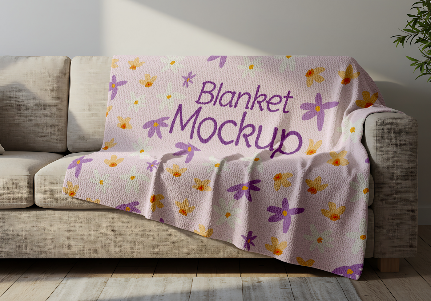 blanket mockup draped over the sofa psd