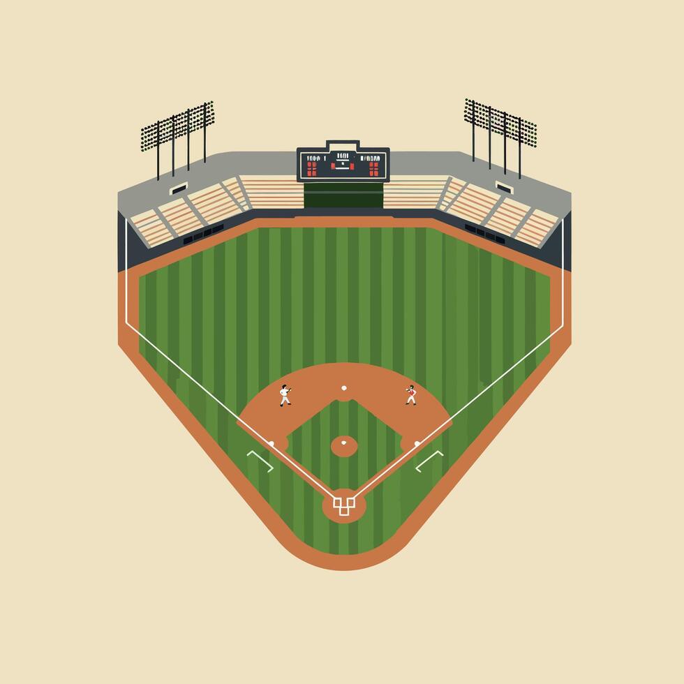 Baseball stadium illustration with scoreboard and players in green field design vector