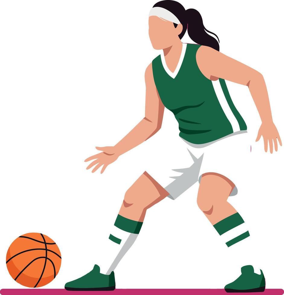 Female basketball player dribbling ball in green jersey and white shorts illustration vector