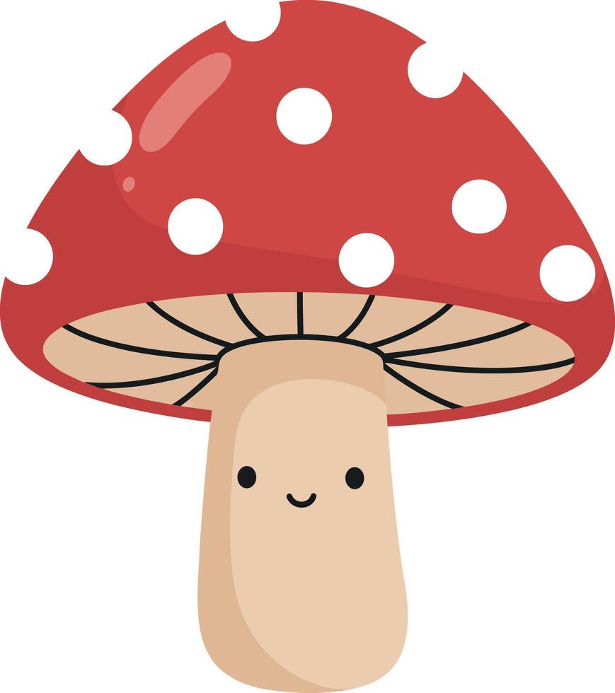 Cute red and white spotted mushroom illustration with smiling face vector