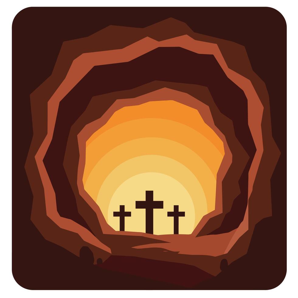 Three crosses silhouette inside cave with warm orange and brown sunset background illustration vector