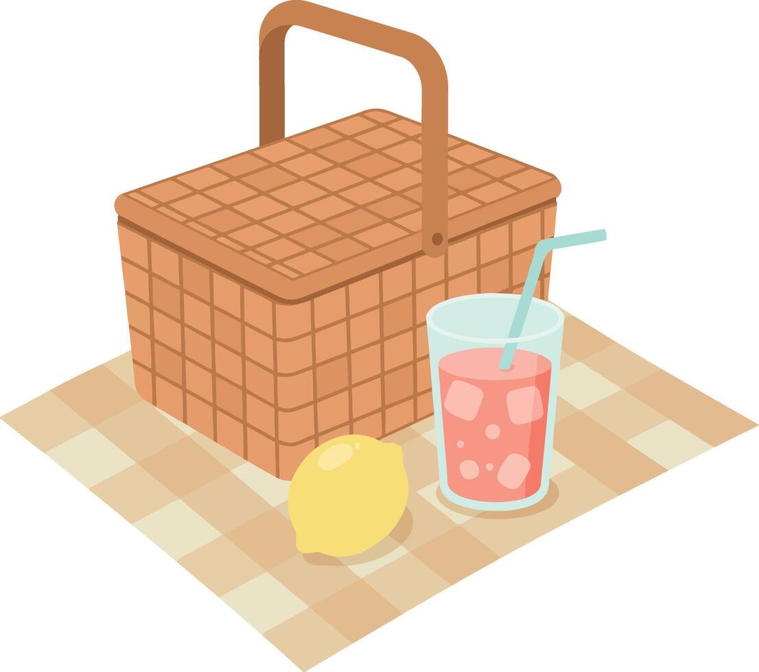 Picnic basket with lemonade glass and lemon on checkered blanket illustration vector
