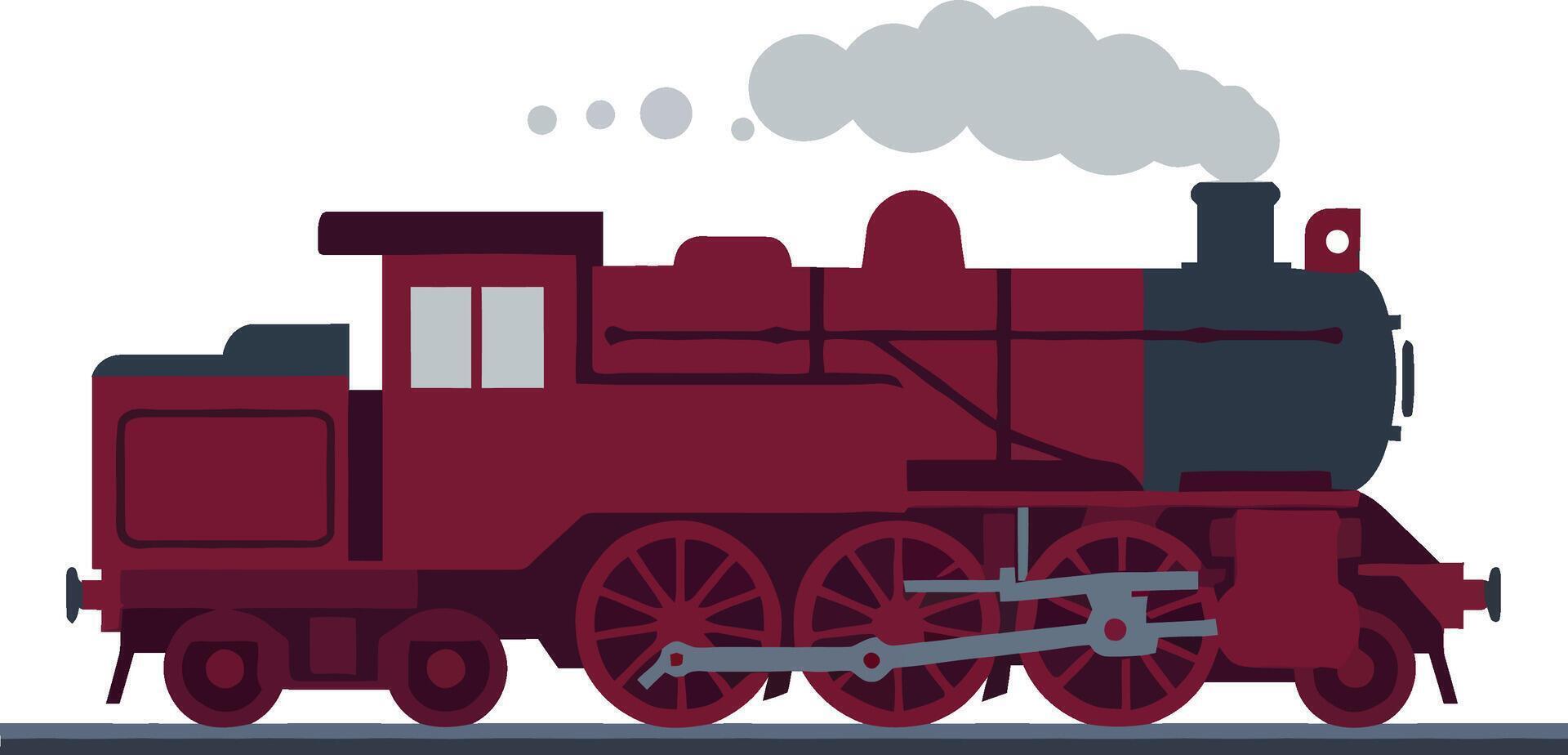 Vintage red steam locomotive train with smoke on railway track illustration vector