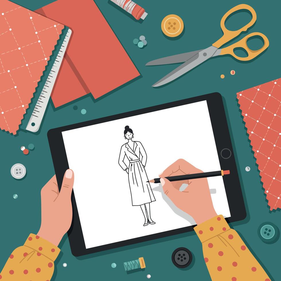Fashion designer sketching dress design on digital tablet with sewing tools illustration vector