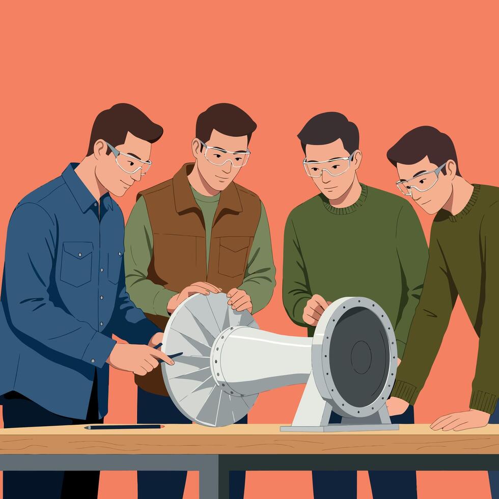 Group of engineers examining turbine prototype in workshop with orange background illustration vector