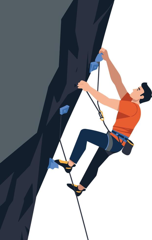 Rock Climber Ascending Vertical Cliff in Safety Harness and Orange Shirt Illustration vector