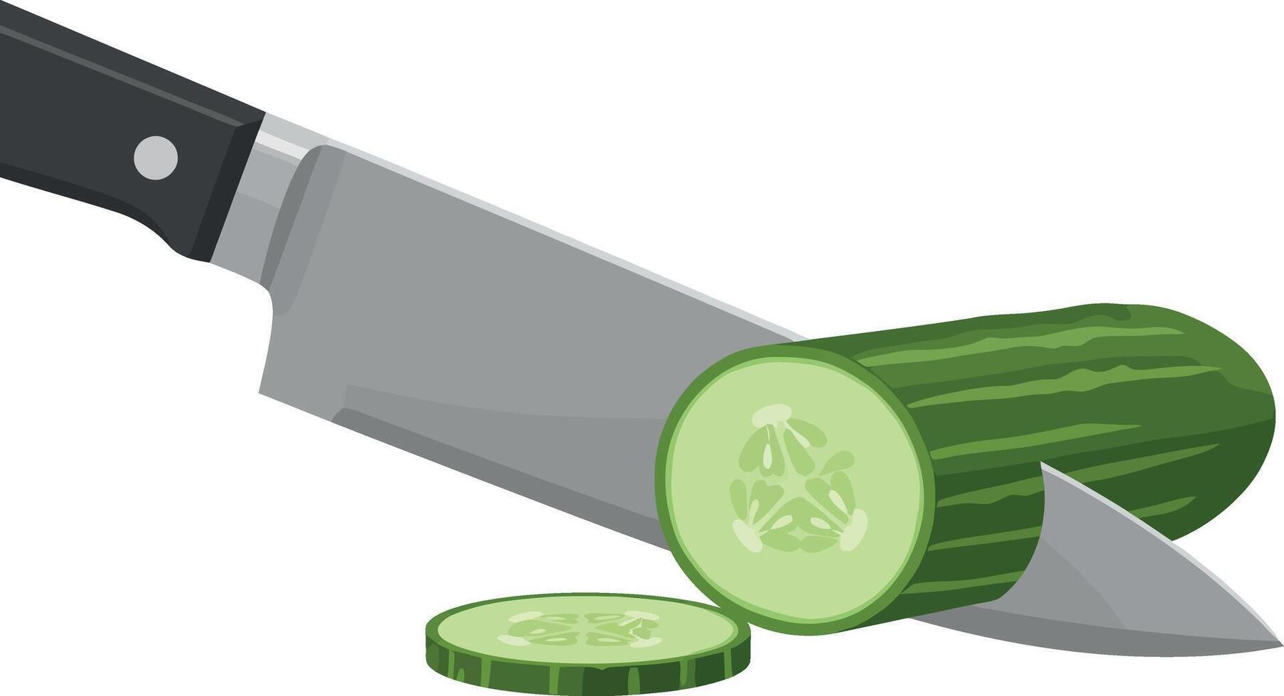 Cucumber being sliced with kitchen knife illustration for cooking and food preparation vector