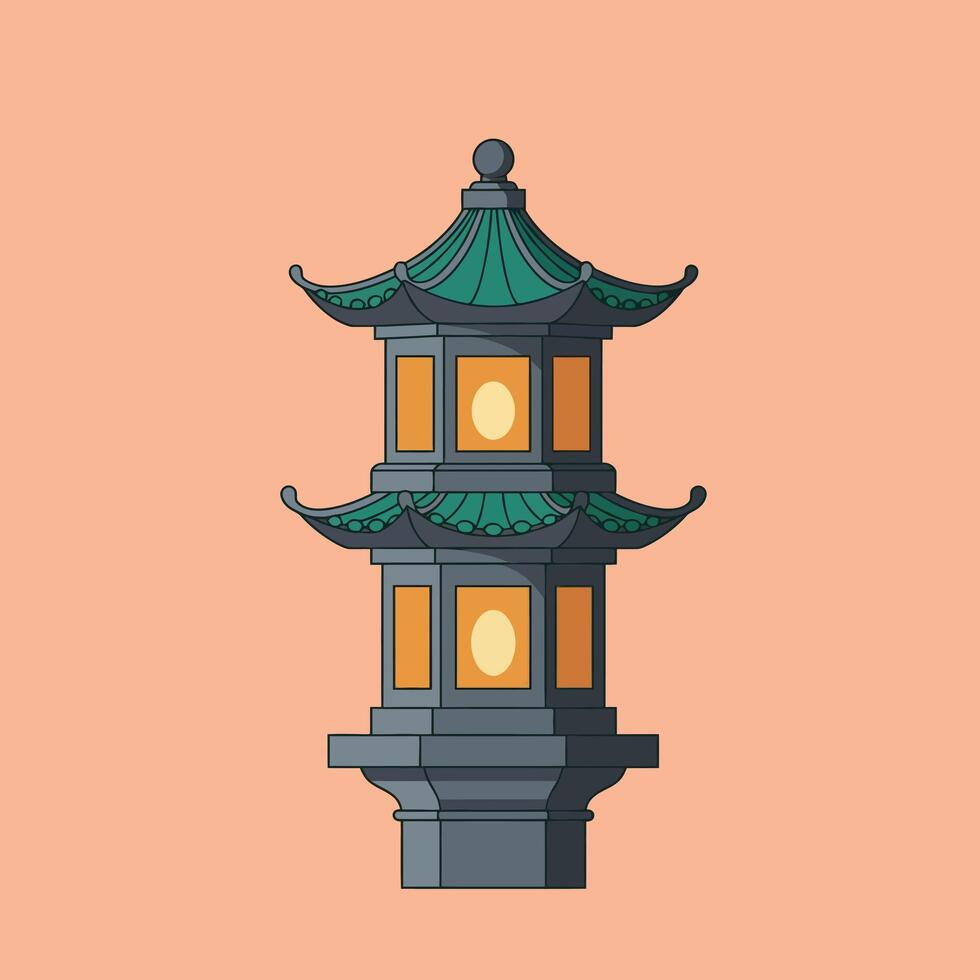Traditional Asian Stone Lantern with Green Roof and Illuminated Windows Illustration vector