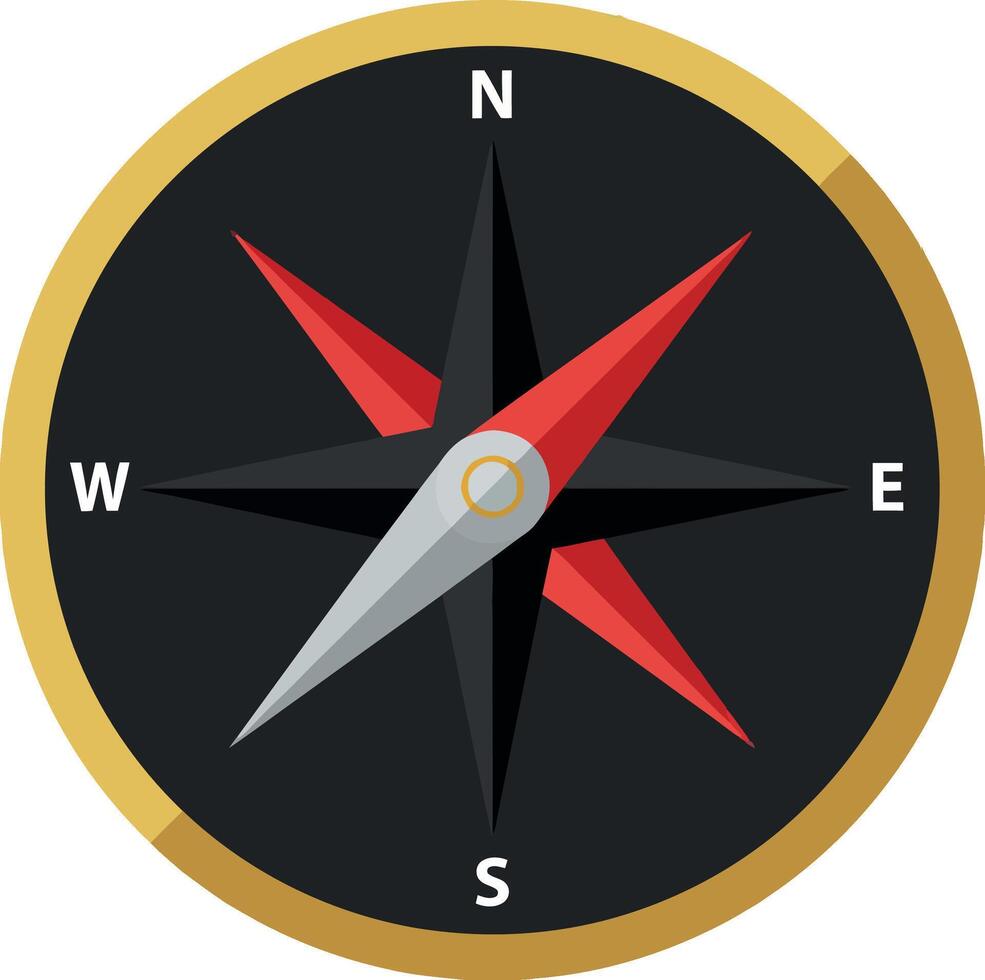 Compass rose navigation tool with gold rim and red grey needles illustration vector