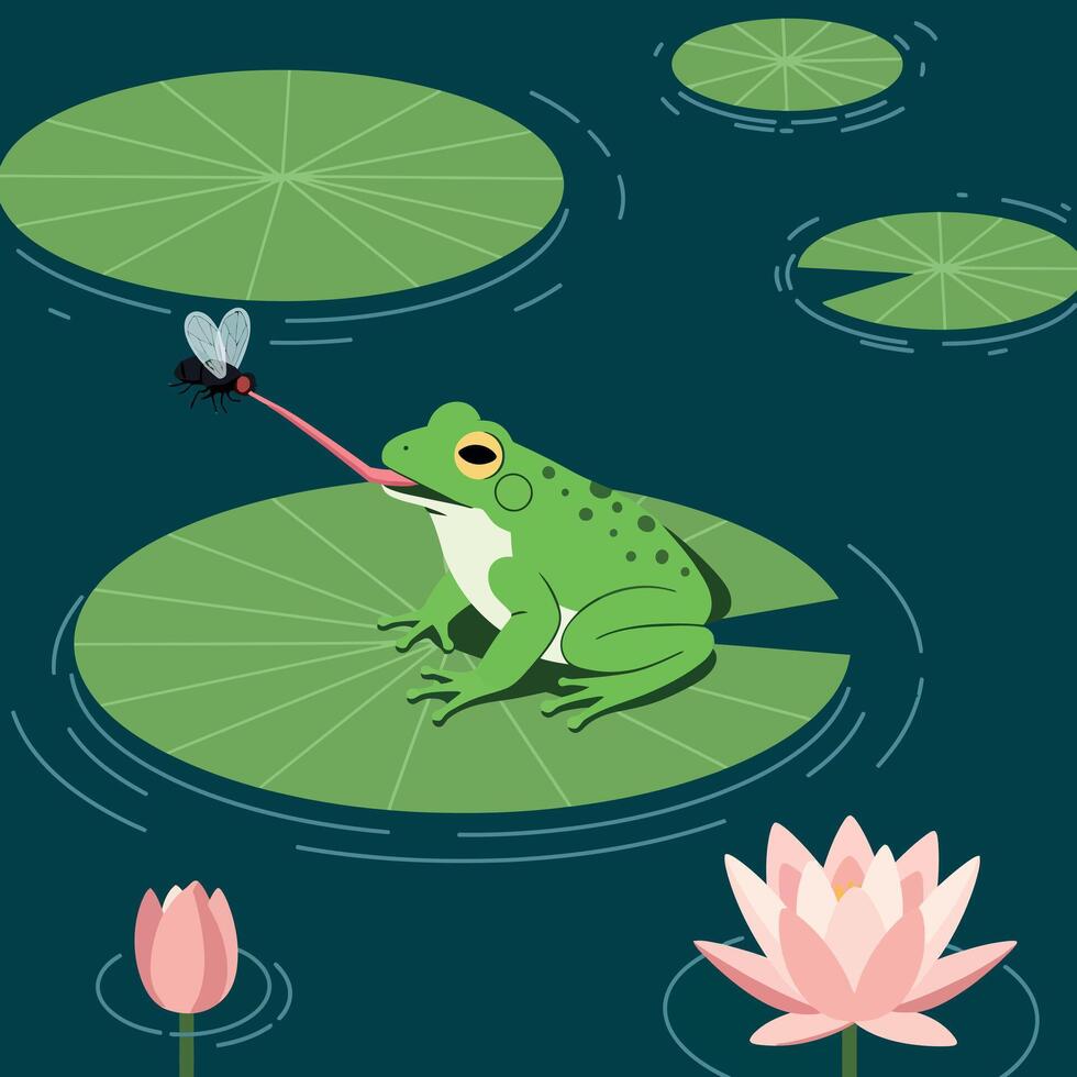 Green Frog Catching Dragonfly on Lily Pad with Pink Flowers in Pond Illustration vector