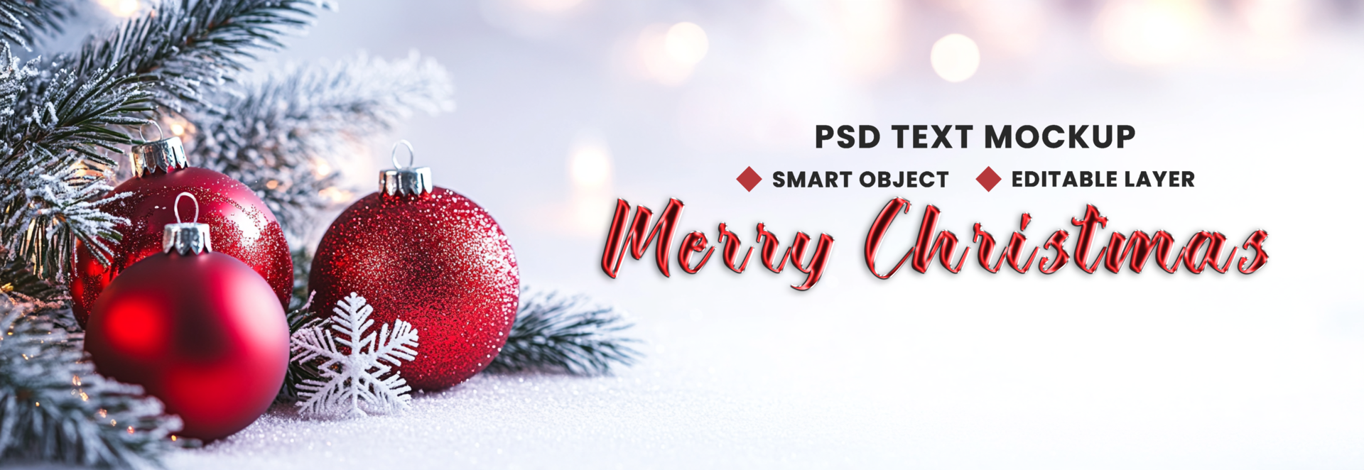 December holiday tree decor in Merry Christmas background theme with snowy light and red ball psd