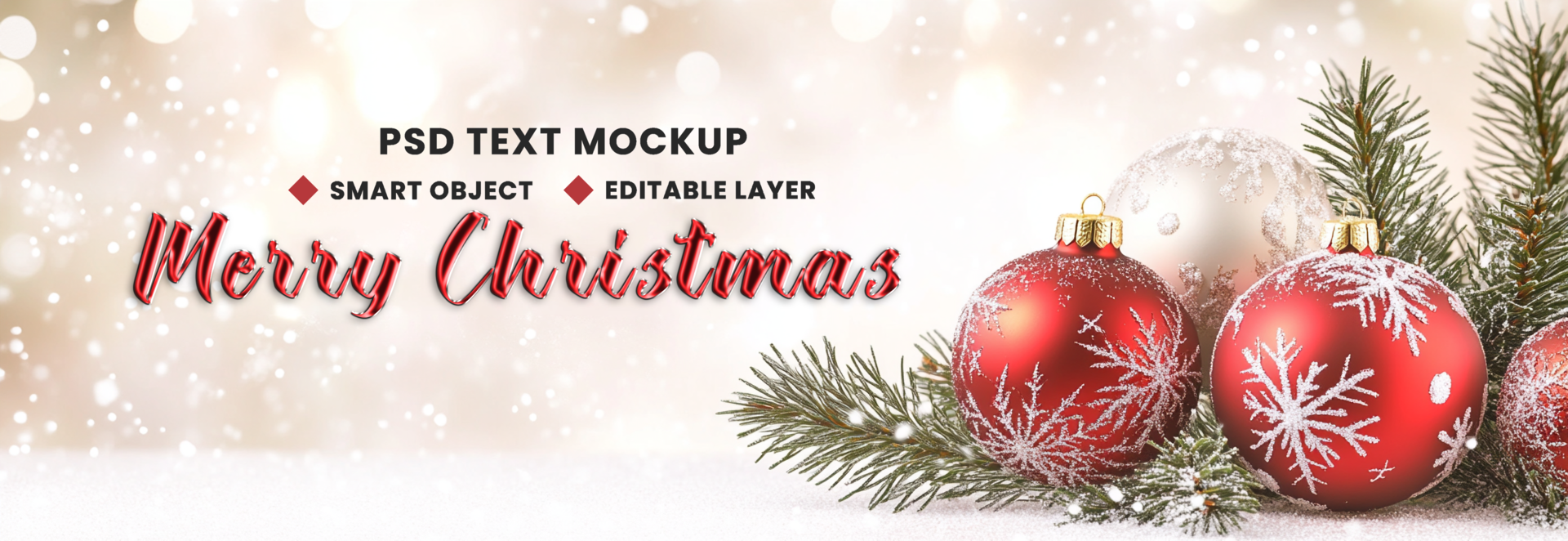 Lighted Xmas year scene for Merry Christmas background theme with multiple colour ball and snowfall decor psd