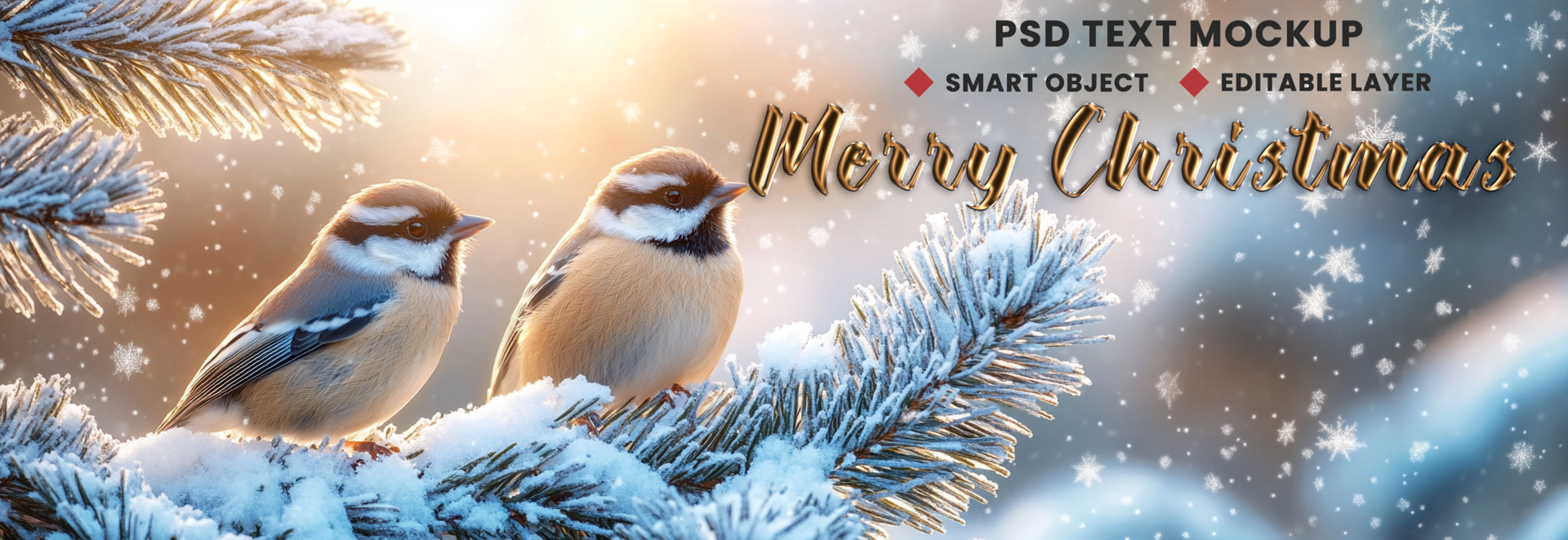 December festive snowfall tree in Merry Christmas background theme with Santa and Christmas birds psd