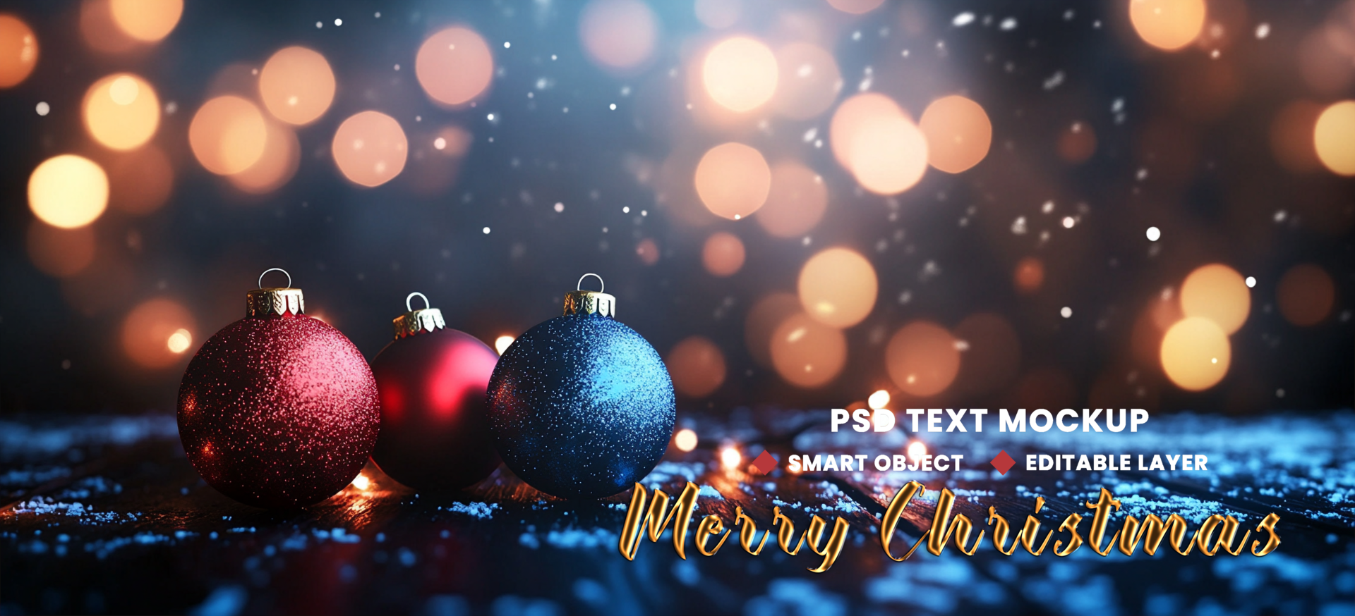 Background image for Merry Christmas theme with multiple colour balls and snowfall night psd