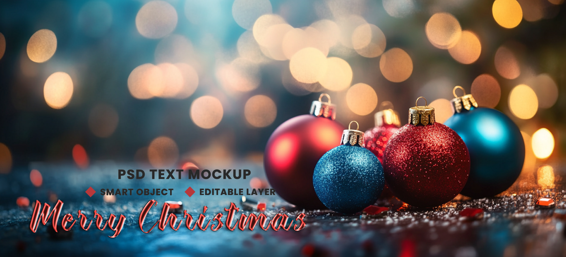Multiple colour balls in Merry Christmas background theme with holiday snow and Santa balls psd