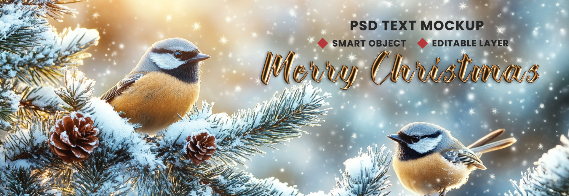 Birds sitting on tree in Merry Christmas background theme with snowfall and Xmas decor psd