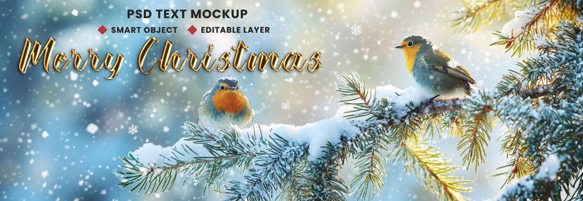 Christmas decorations snowfall and two birds sitting on tree for Santa merry Christmas and Xmas year joy psd