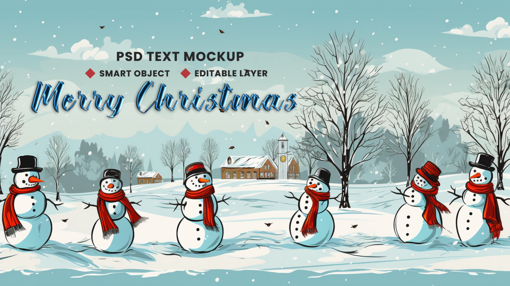 Holiday celebration with happy snowman and tree in Merry Christmas background theme for Xmas greeting psd