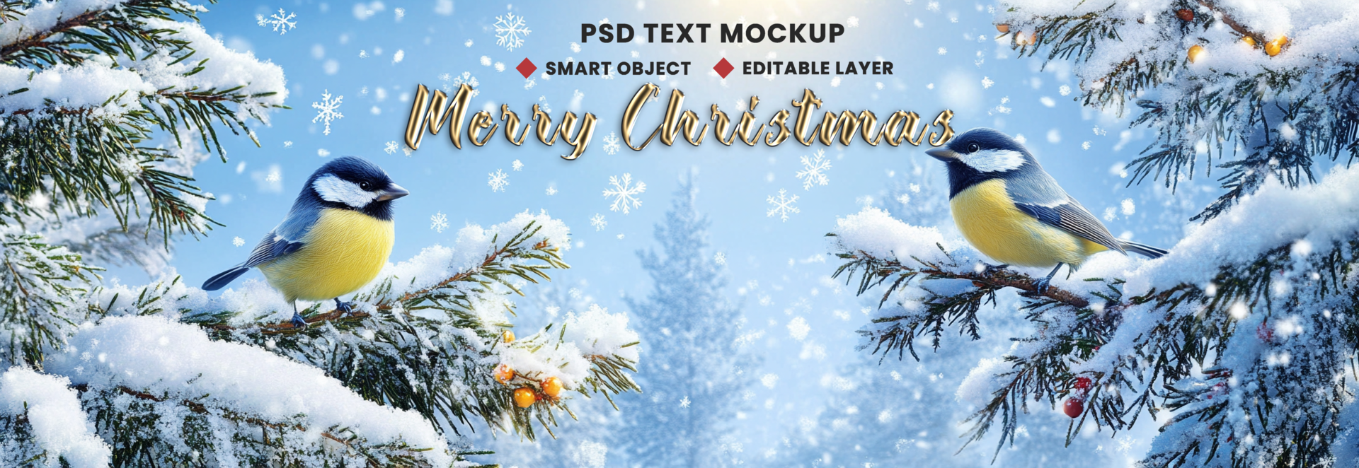 Christmas decoration night for Merry Christmas background theme with snowflake on two birds psd