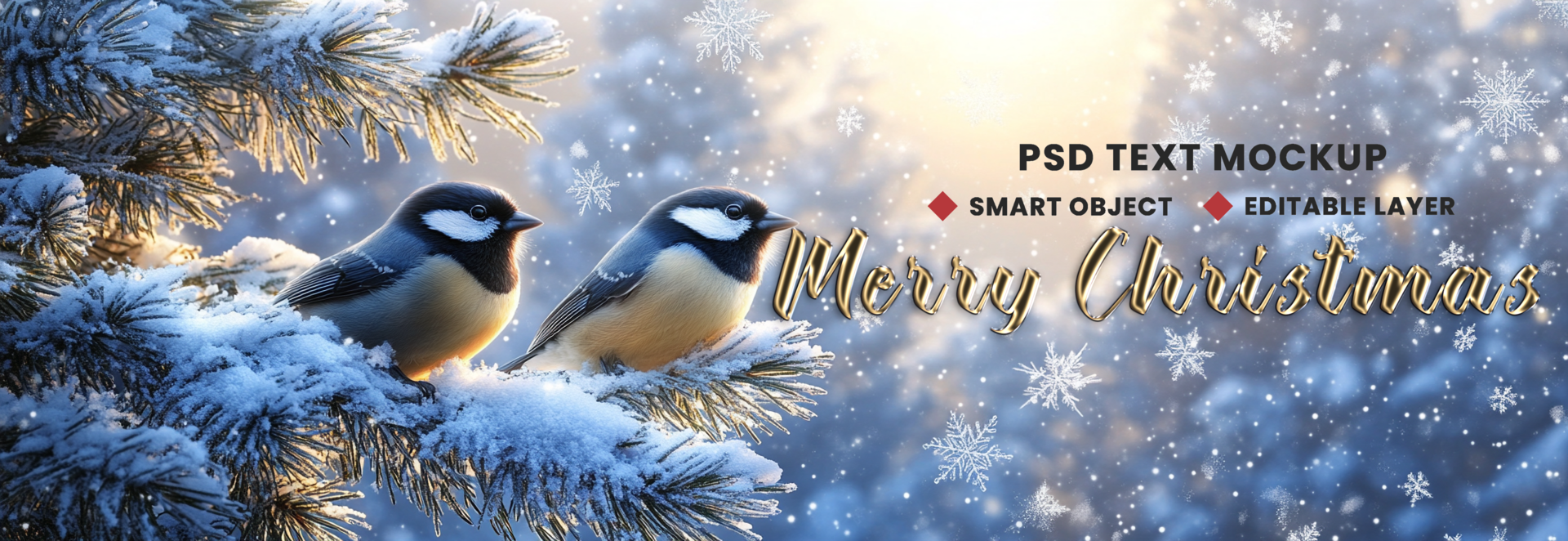 Snowflake Xmas with two birds and tree in Merry Christmas background theme for happy new year joy psd