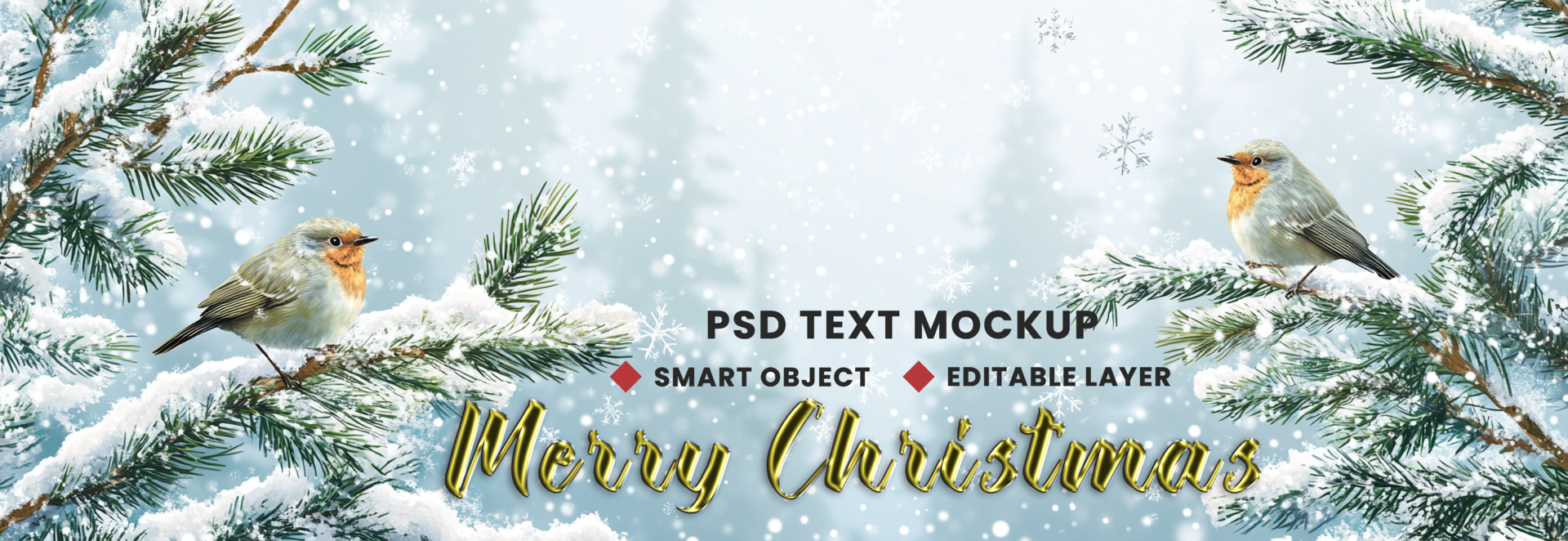 Background Christmas tree glowing with two birds and snowy forest for merry Christmas Xmas joy psd