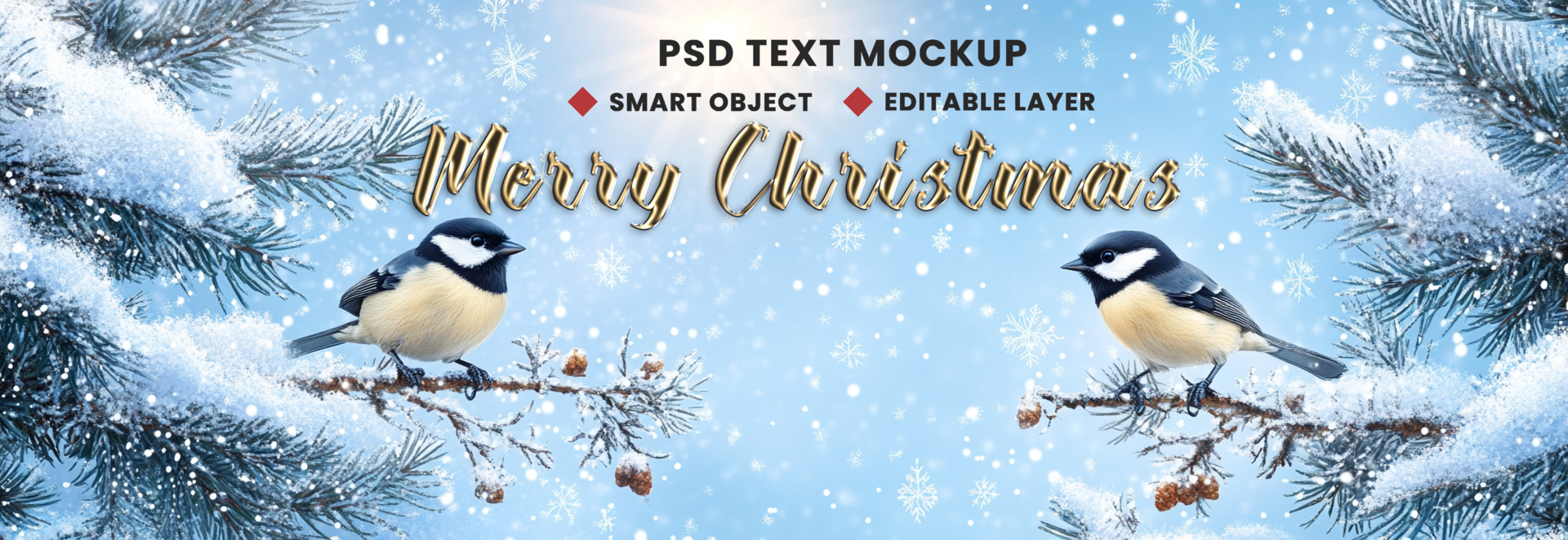 Snowfall and two bird in Merry Christmas background theme for snowy tree decoration psd