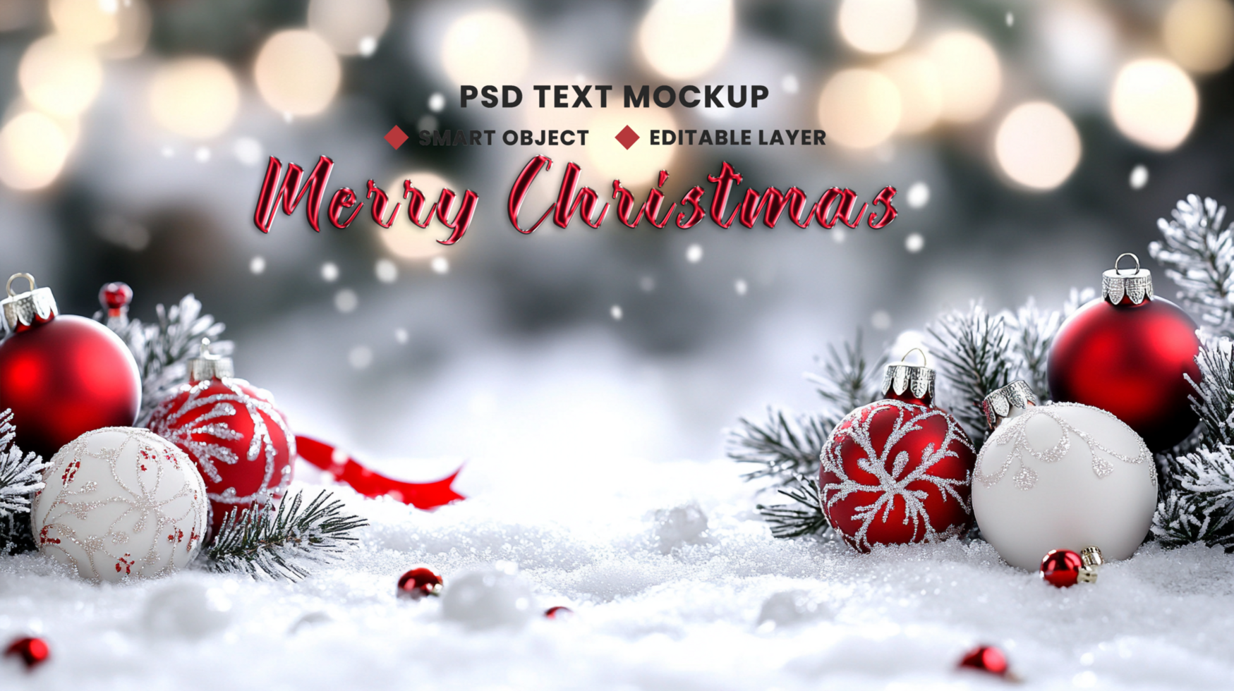 Tree ornaments and snowfall red and golden ball glowing for Santa with merry Christmas and Xmas year celebration psd