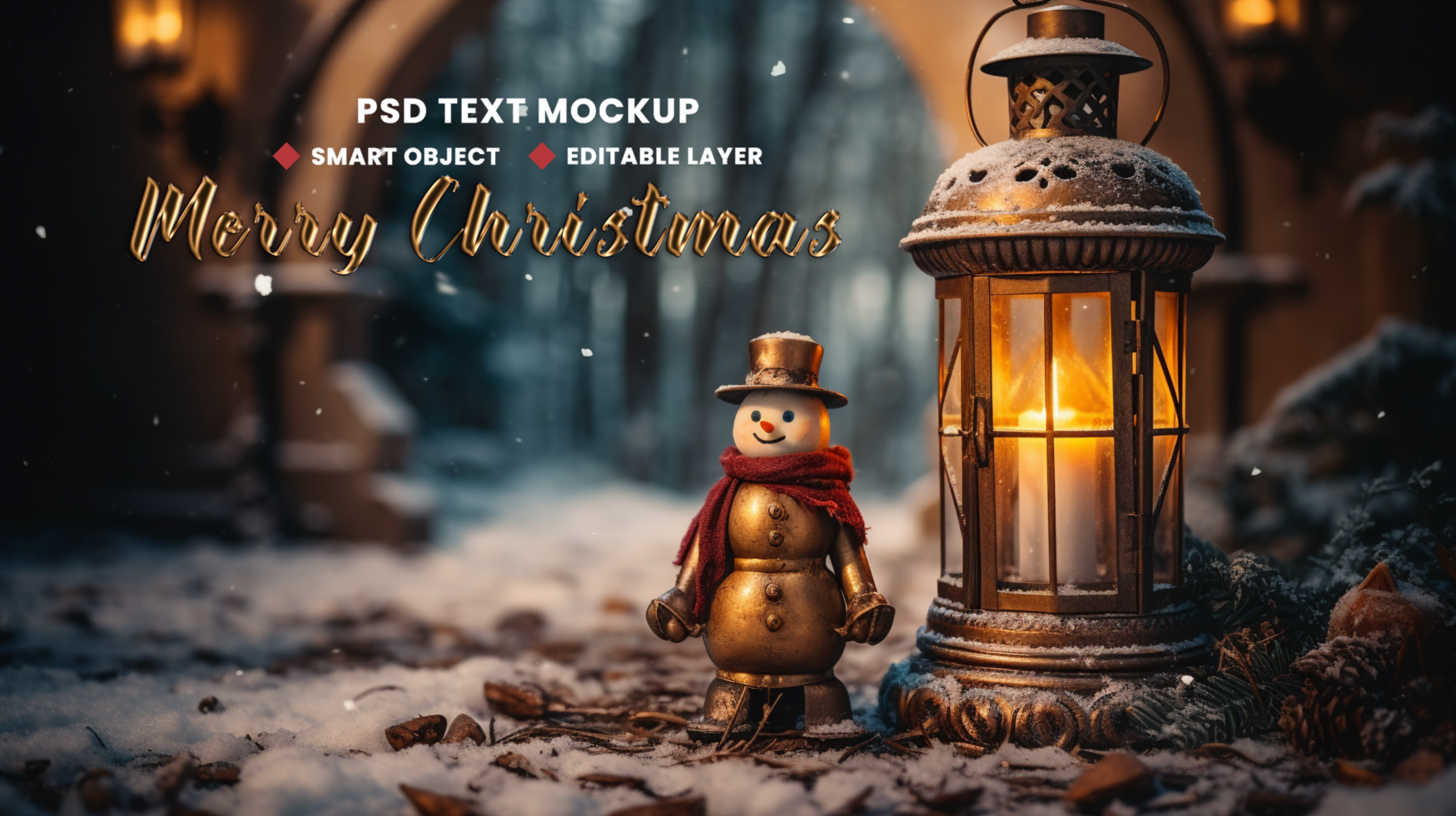 Lantern gift candle tree in Merry Christmas background theme with snowfall and Xmas year light psd