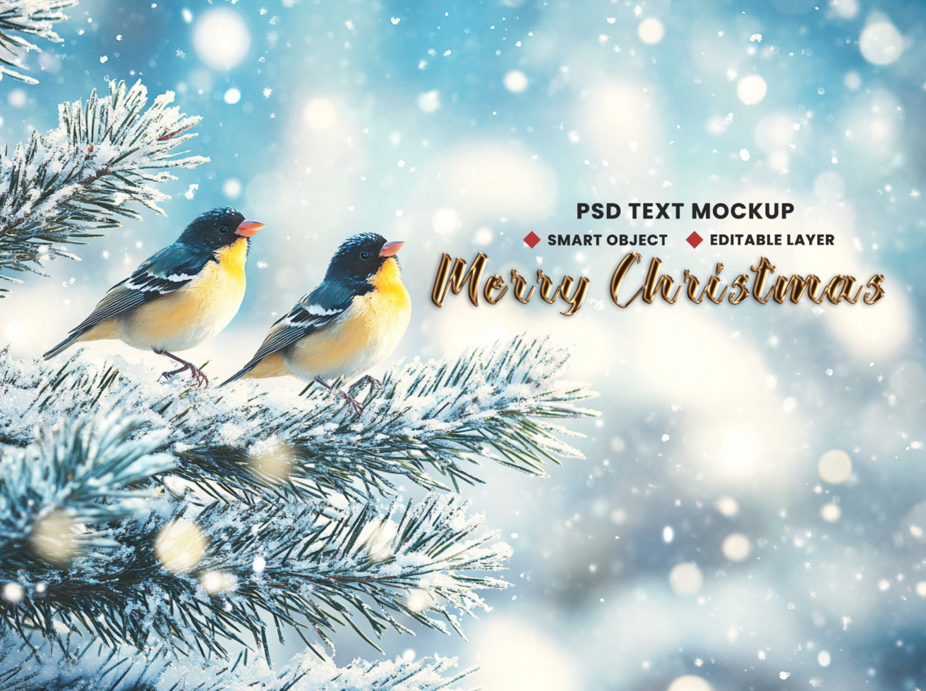 Holiday snowfall Santa snowy birds in Merry Christmas background theme with tree and snowball psd