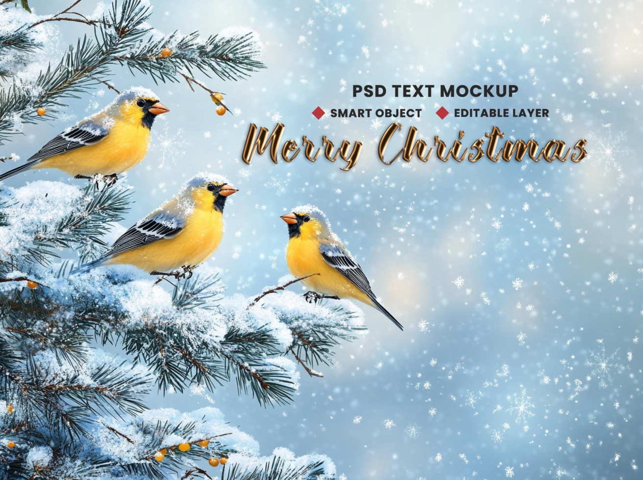 Snowy Santa holiday joy in Merry Christmas background theme with 3 birds on Christmas tree psd