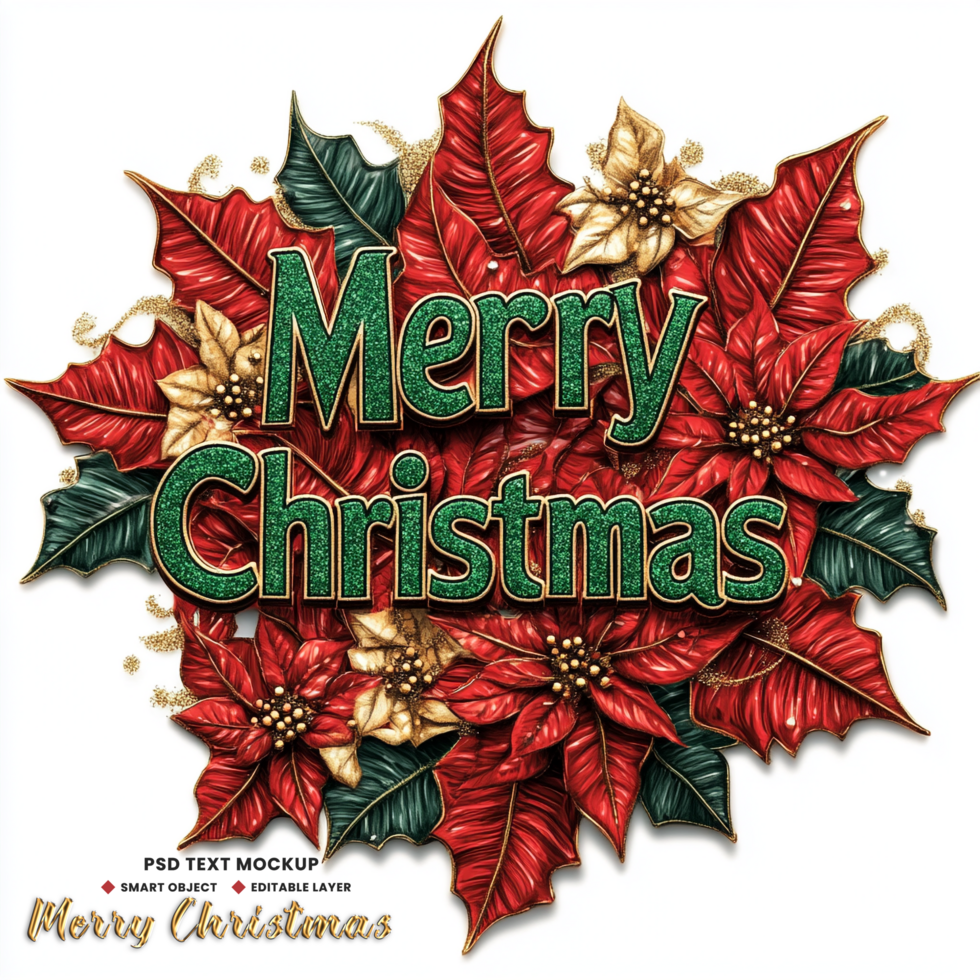 Merry Christmas background theme for festive greeting card with gorgeous flower and text psd