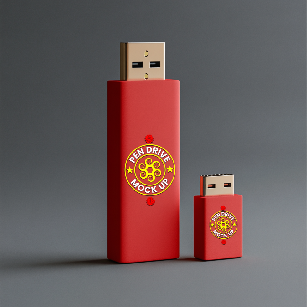 Memory themed pen drive mock up rendered for branding with classic pendrive mock up appearance psd