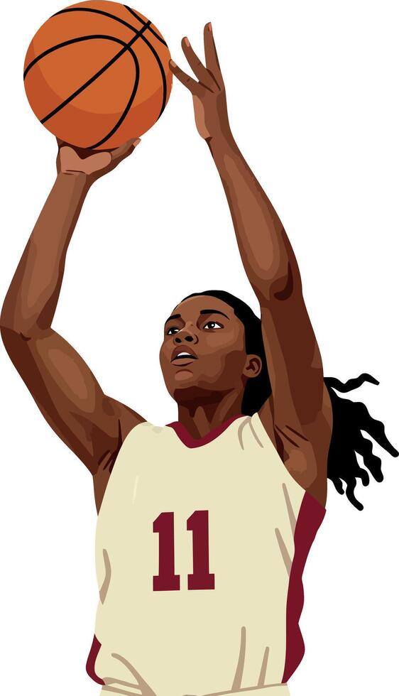 Female basketball player shooting a basketball in jersey number eleven illustration vector
