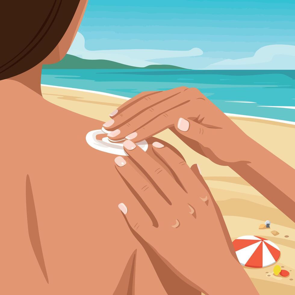 Applying Sunscreen on Back at Beach Summer Vacation Illustration vector